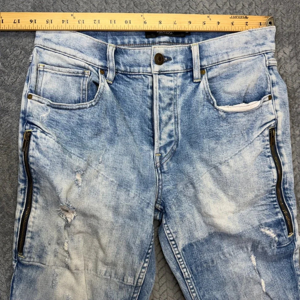 Hudson Jeans Mens 32x28 Distressed Light Wash Blue Denim Button Fly Raw Hem Moto